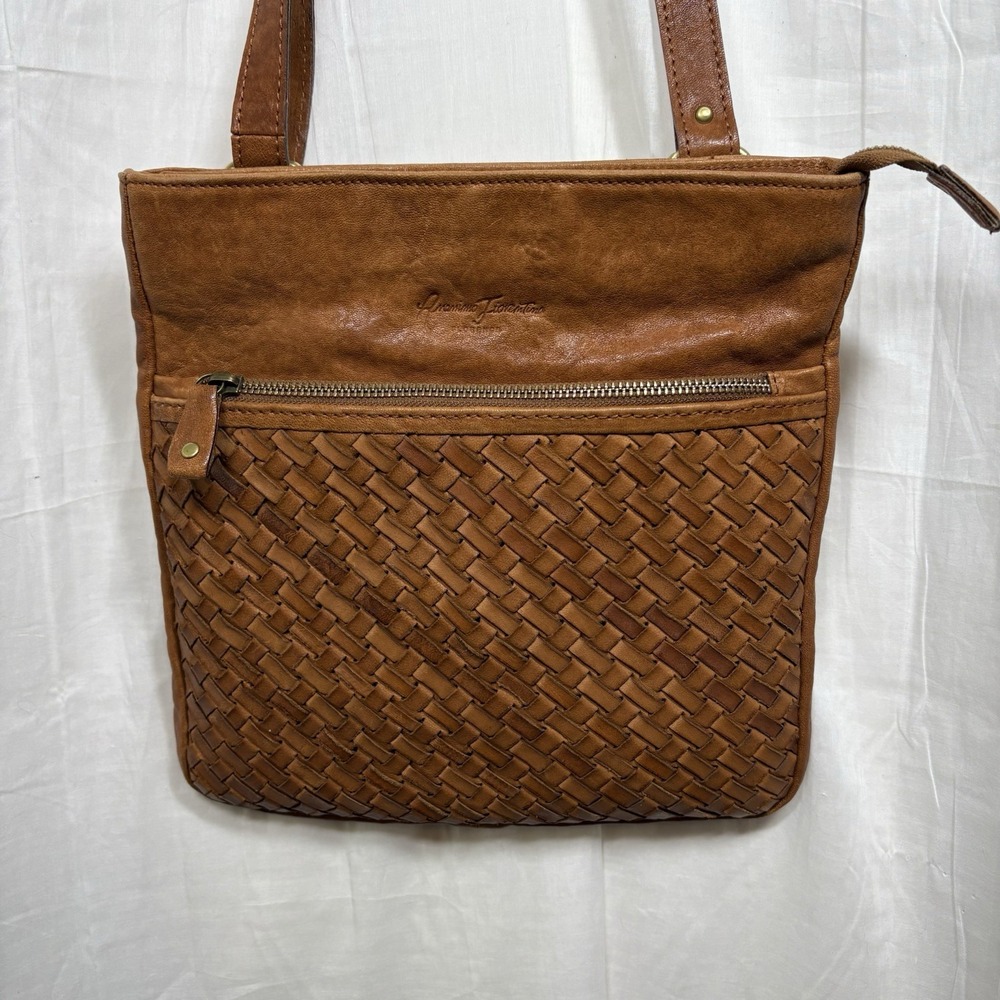 Anonimo Fiorentino‎ Leather Crossbody Bag Woven Detail Brown Tan
